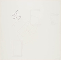 KT 1991 114
<br/>
Compositie met zeven rechthoeken en een krabbel. Rechts enkele maat aanduidingen
<br/>
<em>Brasser, Fons (1944)</em>